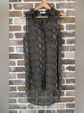 Lush Dark Olive Gray Snake Print Sleeveless Sheer Collared Button-Up Blouse, S